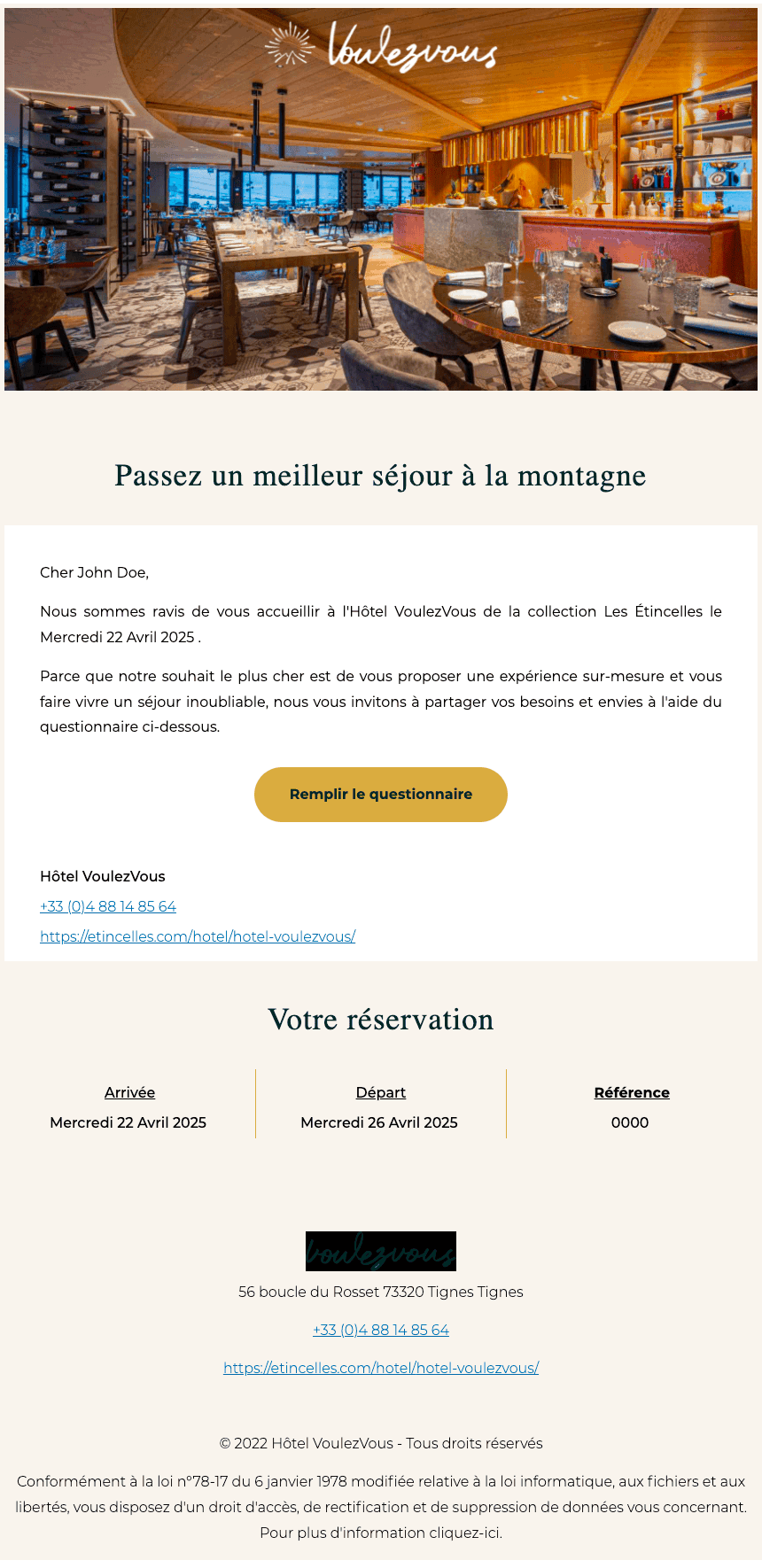 Questionnaire pré-stay hotel