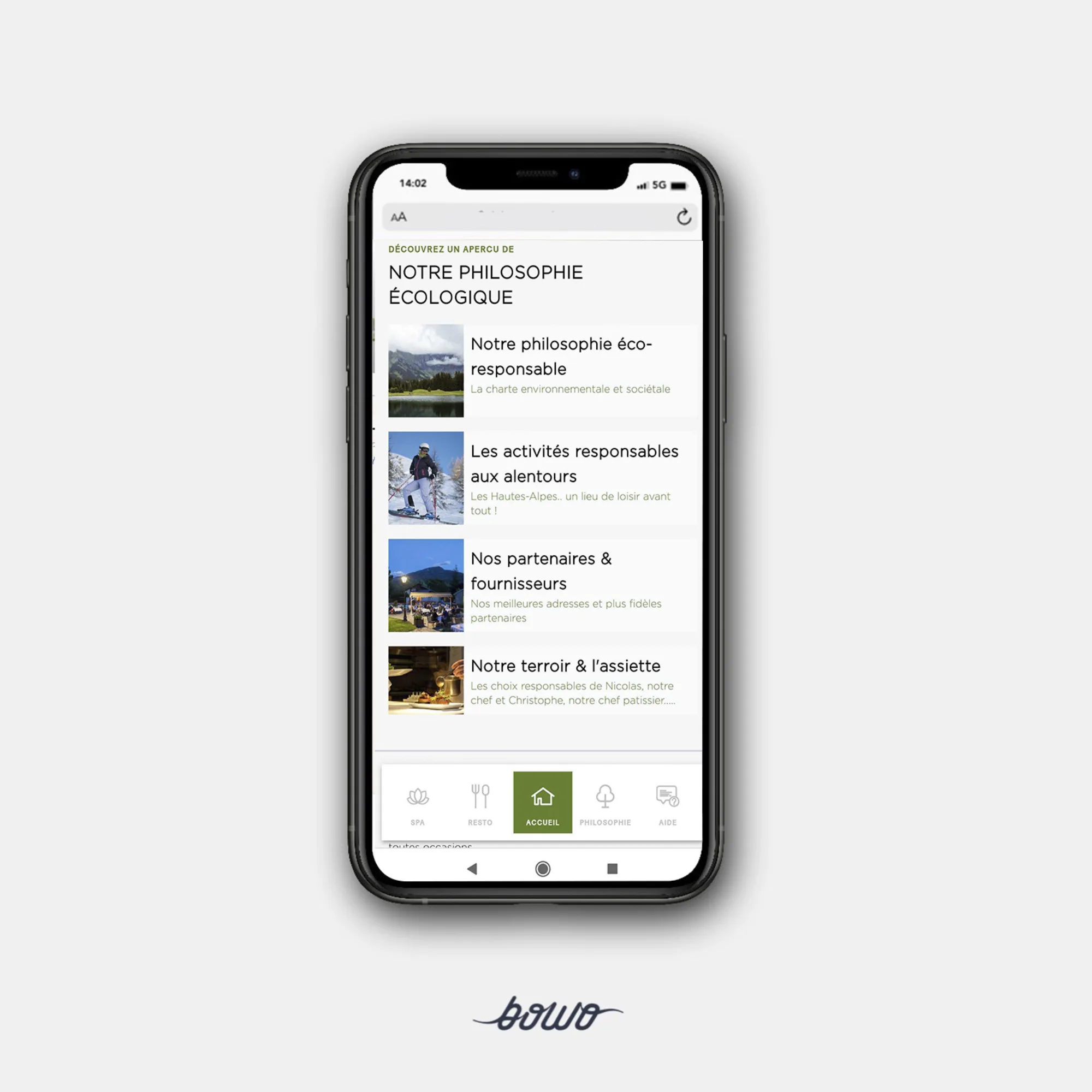 Bowo • Hôtel Les Bartavelles - Engagements RSE - Webapp - Bowo