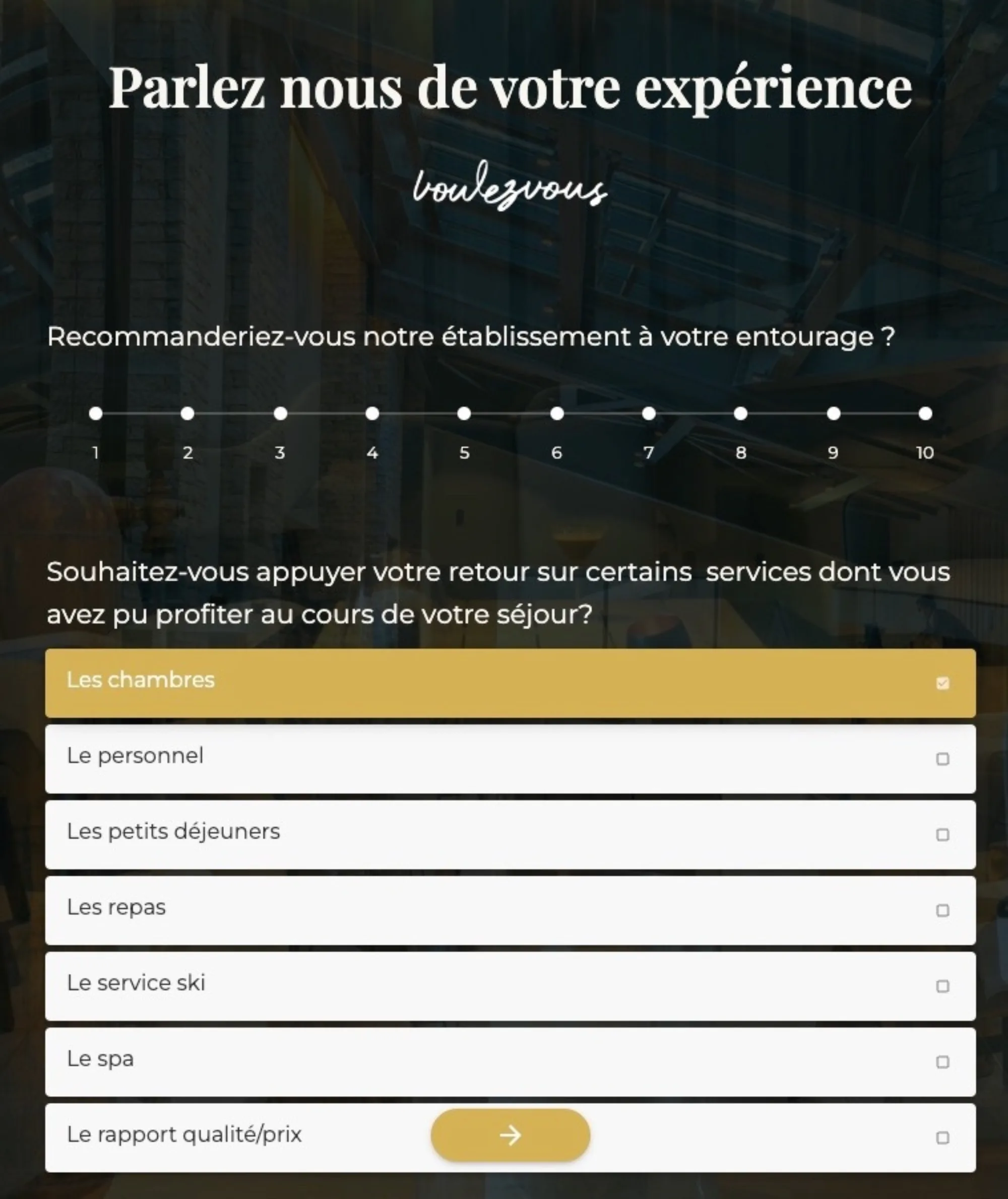 Bowo • Exemple de questionnaire de satisfaction post-séjour, envoyé avec la plateforme Bowo